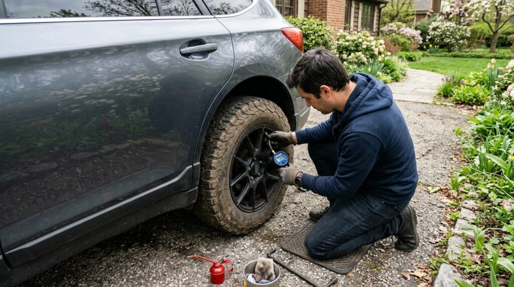 Overhead shot of a car owner inspecting tire pressure with a