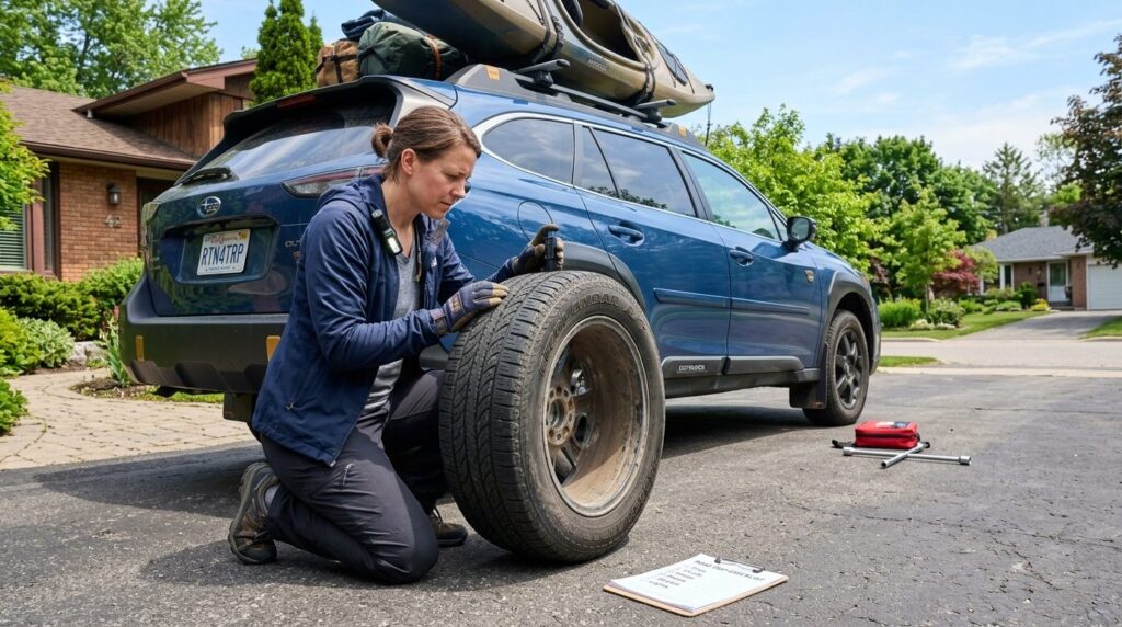 Wide angle photograph of a person visually inspecting car ti