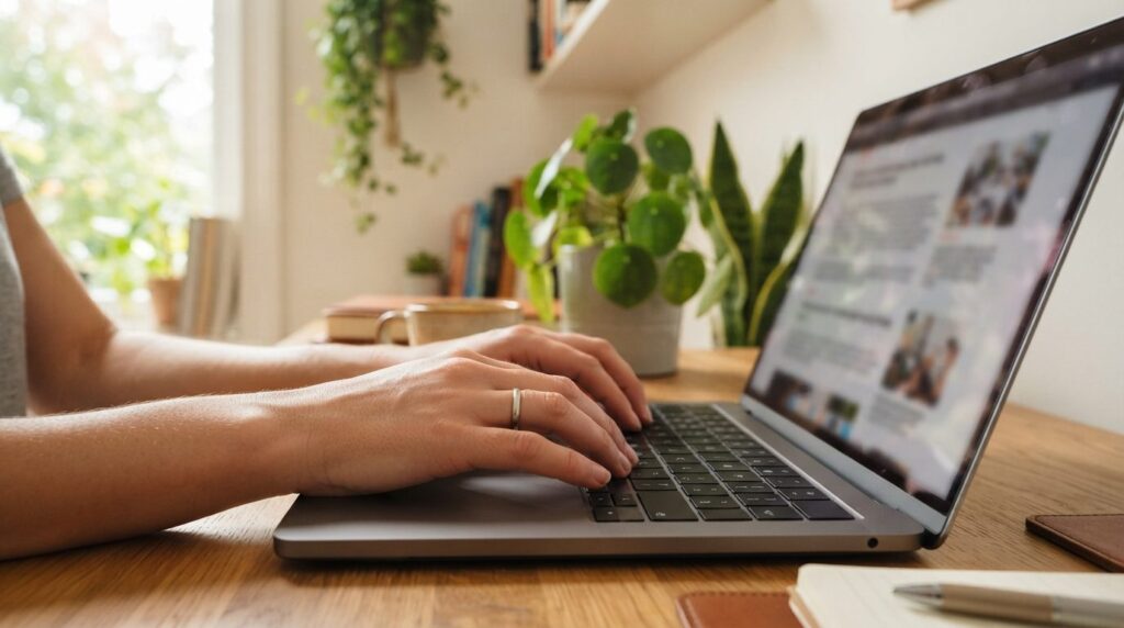 Close-up realistic photograph of hands typing on a laptop ke