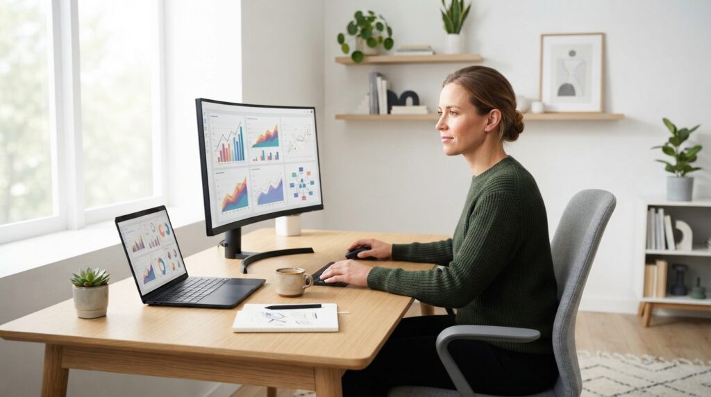 Professional stock photo of a confident person sitting at de